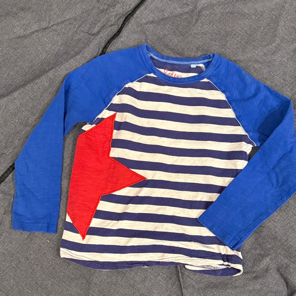 Mini Boden Blue and White Striped long-sleeved T-shirt with Red Star, kids 7-8Y